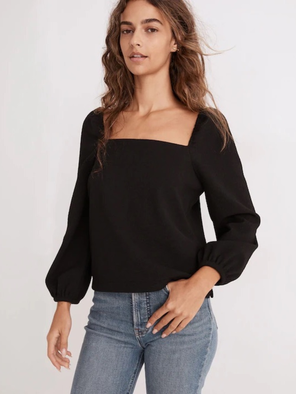 Madewell Black Square-Neck Top with Balloon Sleeves